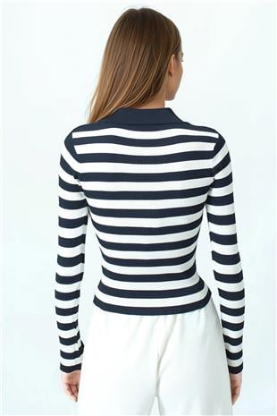 Kadın Lacivert Çizgili Polo Yaka Kısa Kollu Triko Bluz VS01048