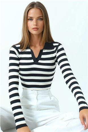 Kadın Siyah Çizgili Polo Yaka Kısa Kollu Triko Bluz VS01048