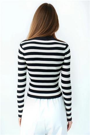 Kadın Siyah Çizgili Polo Yaka Kısa Kollu Triko Bluz VS01048