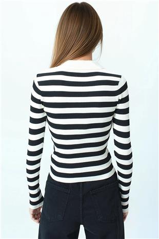 Kadın Ekru Çizgili Polo Yaka Kısa Kollu Triko Bluz VS01048
