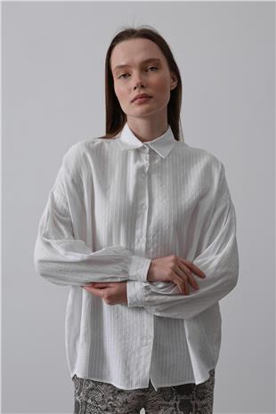 Kadın Beyaz Çizgili Uzun Kol Gömlek VS00498
