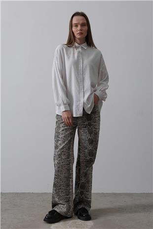 Kadın Beyaz Çizgili Uzun Kol Gömlek VS00498