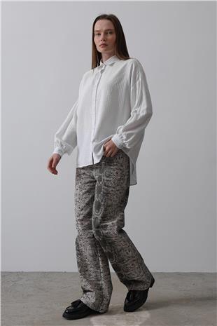 Kadın Beyaz Çizgili Uzun Kol Gömlek VS00498