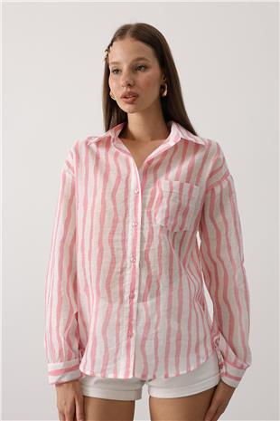 Kadın Pembe Cizgili Uzun Kol Mango Gömlek VS00642
