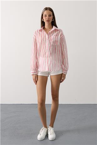 Kadın Pembe Cizgili Uzun Kol Mango Gömlek VS00642