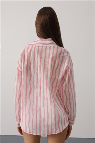 Kadın Pembe Cizgili Uzun Kol Mango Gömlek VS00642