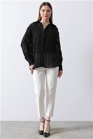 Kadın Siyah Çizgili Uzun Kollu Oversize Gömlek VS00797