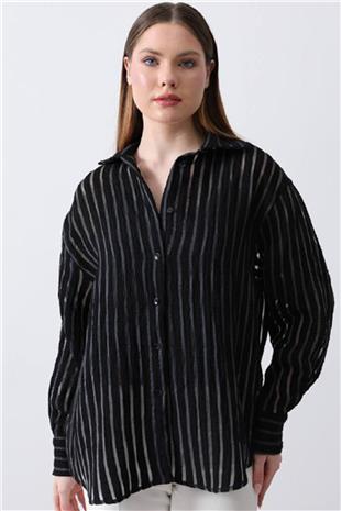 Kadın Siyah Çizgili Uzun Kollu Oversize Gömlek VS00797