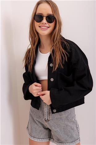 Kadın Siyah Crop Denım Ceket ALC-X3631-RV