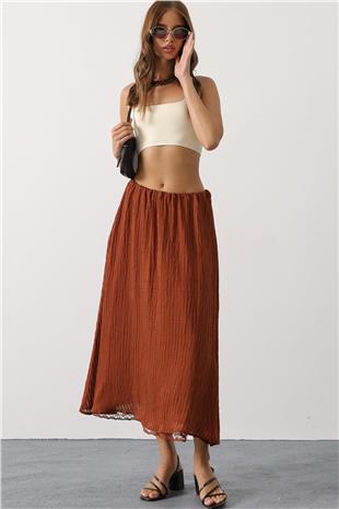 Kadın Kahve Dantel Detaylı Uzun Etek VS00628