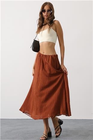 Kadın Kahve Dantel Detaylı Uzun Etek VS00628