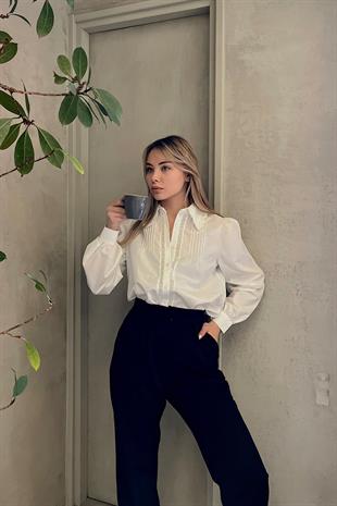 Kadın Beyaz Dantel Yaka Detaylı Nervür Dikişli Prenses Kol Poplin Gömlek ALC-X9733