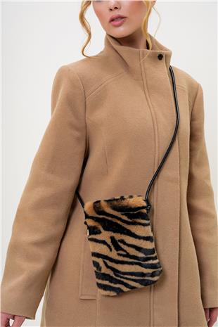 Kadın Camel-Siyah Deri Kordonlu Mıknatıs Kapamalı Suni Kürk Telefon Çantası ALC-X13249