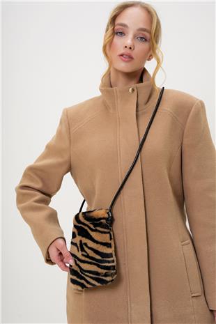 Kadın Camel-Siyah Deri Kordonlu Mıknatıs Kapamalı Suni Kürk Telefon Çantası ALC-X13249