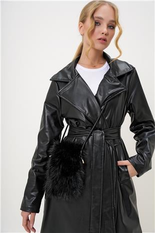 Kadın Siyah Deri Kordonlu Mıknatıs Kapamalı Suni Kürk Telefon Çantası ALC-X13249