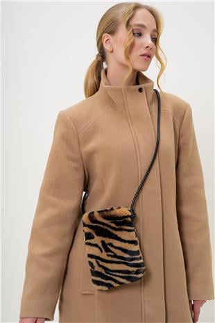 Kadın Camel-Siyah Deri Kordonlu Mıknatıs Kapamalı Suni Kürk Telefon Çantası ALC-X13249