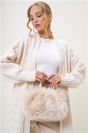 Kadın Krem Deri Kulplu Metal Omuz Askılı Tüylü Suni Kürk El Ve Omuz Çantası ALC-X13248
