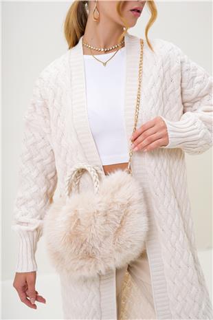 Kadın Krem Deri Kulplu Metal Omuz Askılı Tüylü Suni Kürk El Ve Omuz Çantası ALC-X13248