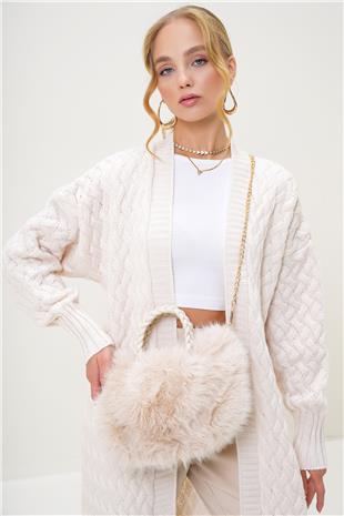 Kadın Krem Deri Kulplu Metal Omuz Askılı Tüylü Suni Kürk El Ve Omuz Çantası ALC-X13248