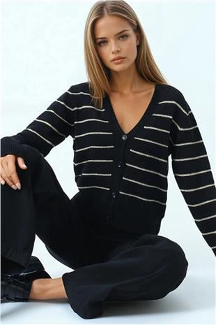 Kadın Siyah Derin V Yak Dümeli Çizgili Triko Hırka VS01063