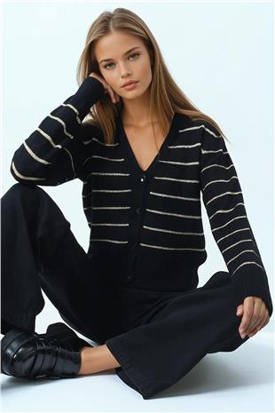 Kadın Siyah Derin V Yak Dümeli Çizgili Triko Hırka VS01063
