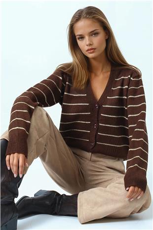 Kadın Kahverengi Derin V Yak Dümeli Çizgili Triko Hırka VS01063