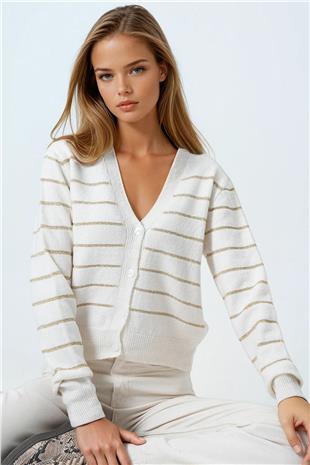 Kadın Ekru Derin V Yak Dümeli Çizgili Triko Hırka VS01063