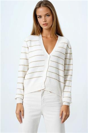 Kadın Ekru Derin V Yak Dümeli Çizgili Triko Hırka VS01063
