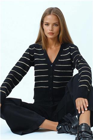 Kadın Siyah Derin V Yak Dümeli Çizgili Triko Hırka VS01063