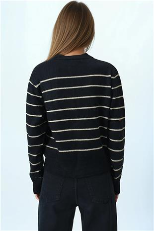 Kadın Siyah Derin V Yak Dümeli Çizgili Triko Hırka VS01063