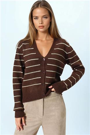 Kadın Kahverengi Derin V Yak Dümeli Çizgili Triko Hırka VS01063