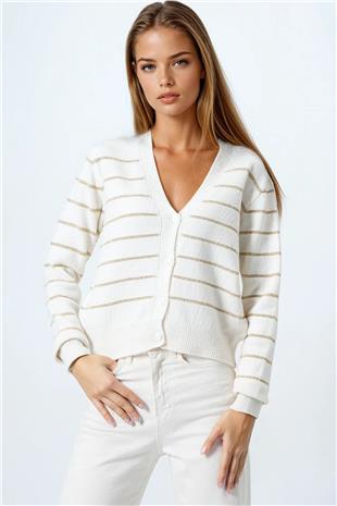 Kadın Ekru Derin V Yak Dümeli Çizgili Triko Hırka VS01063
