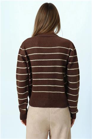 Kadın Kahverengi Derin V Yak Dümeli Çizgili Triko Hırka VS01063