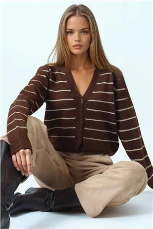 Kadın Kahverengi Derin V Yak Dümeli Çizgili Triko Hırka VS01063