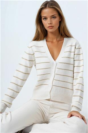 Kadın Ekru Derin V Yak Dümeli Çizgili Triko Hırka VS01063