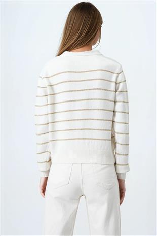 Kadın Ekru Derin V Yak Dümeli Çizgili Triko Hırka VS01063