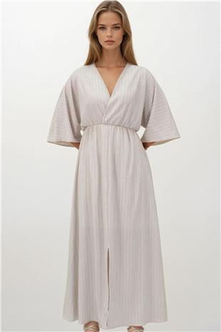 Kadın Bej Derin V Yaka Beli Lastikli Çizgili Elbise vs00357