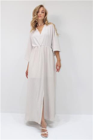 Kadın Bej Derin V Yaka Beli Lastikli Çizgili Elbise vs00357