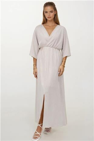 Kadın Bej Derin V Yaka Beli Lastikli Çizgili Elbise vs00357