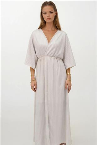 Kadın Bej Derin V Yaka Beli Lastikli Çizgili Elbise vs00357