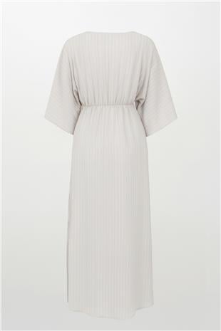 Kadın Bej Derin V Yaka Beli Lastikli Çizgili Elbise vs00357