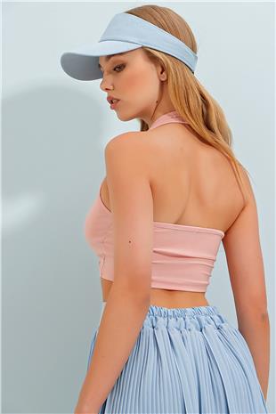 Derin V Yaka Metal Aksesuarlı Sandy Crop Büstiyer - Pudra