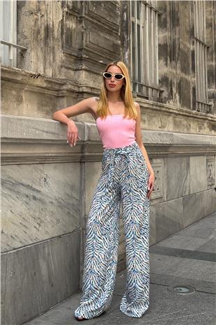 Kadın Mavi Desenli Beli Lastikli Kuşaklı Palazzo Bol Paça Pantolon VS00953