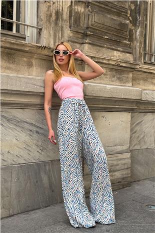 Kadın Mavi Desenli Beli Lastikli Kuşaklı Palazzo Bol Paça Pantolon VS00953