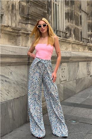 Kadın Mavi Desenli Beli Lastikli Kuşaklı Palazzo Bol Paça Pantolon VS00953