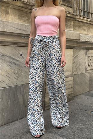 Kadın Mavi Desenli Beli Lastikli Kuşaklı Palazzo Bol Paça Pantolon VS00953