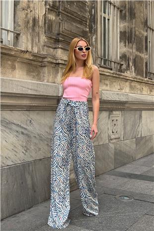 Kadın Mavi Desenli Beli Lastikli Kuşaklı Palazzo Bol Paça Pantolon VS00953