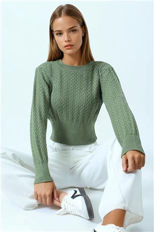 Kadın Yeşil Desenli Bisiklet Yaka Uzun Kollu Triko Kazak VS01043