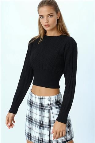 Kadın Siyah Desenli Bisiklet Yaka Uzun Kollu Triko Kazak VS01043