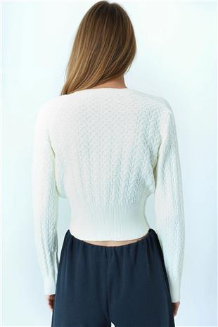 Kadın Ekru Desenli Bisiklet Yaka Uzun Kollu Triko Kazak VS01043